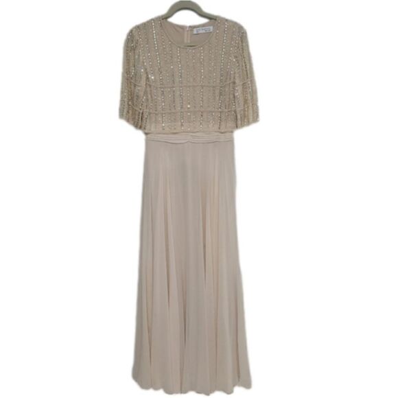 NWT MAC DUGGAL 9180 Nude Chiffon Gown Fully Beaded 1/4 Sleeve Top Size 20 Glam - Picture 8 of 11